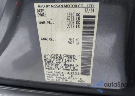 2015 Nissan Altima 2.5/2.5 S/2.5 Sl/2.5 Sv z USA, uszkodzony, nr VIN 1N4AL3AP0FC240123